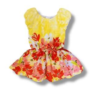 Mayoral Dress Girls 2 Yellow Floral Border Print Bow Fit & Flare Short Sleeve